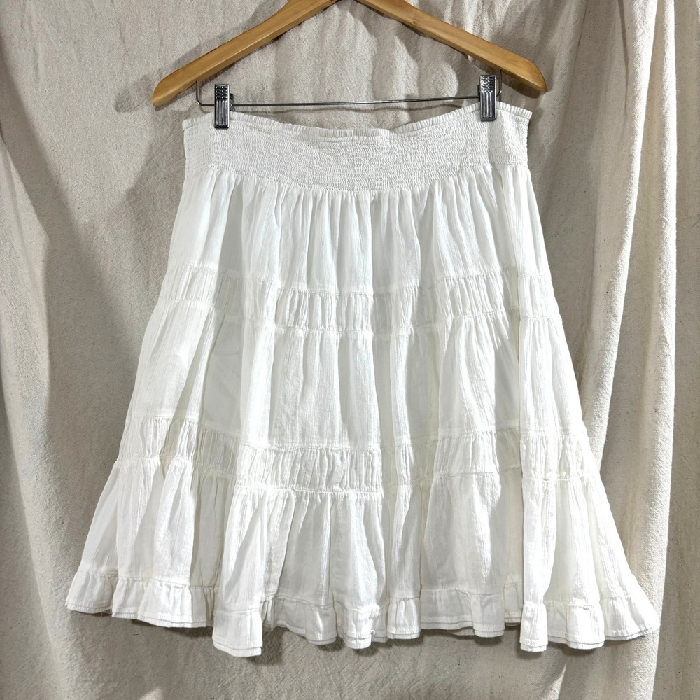 Vintage Y2K Edme Esyllte Anthropologie White Cotton Tiered Smocked Mini Skirt L